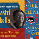 A photograph of Author Shastri Akella and the cover of his book The Sea Elephants with graphic elements in deep blue, red and yellow.