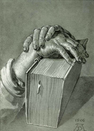 1506 drawing of hands holding a book