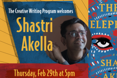 A photograph of Author Shastri Akella and the cover of his book The Sea Elephants with graphic elements in deep blue, red and yellow.
