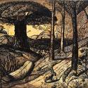 Painting "Early Morning," by Samuel Palmer (1825); pen and ink drawing of a forest scene featuring a large canopied tree and a rabbit by a log in the foreground 